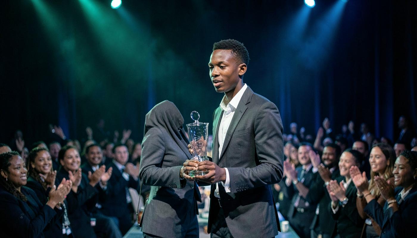 A student receiving a trophy at the Student Saver of the Year Awards