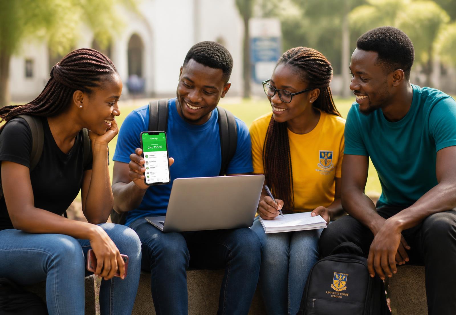 Ghanaian university students discussing money and business together on campus