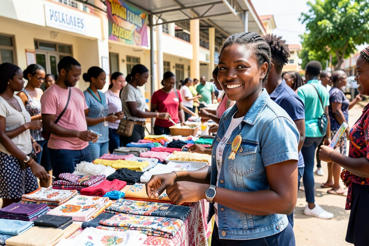 A student entrepreneur selling handmade fashion items at a campus fair